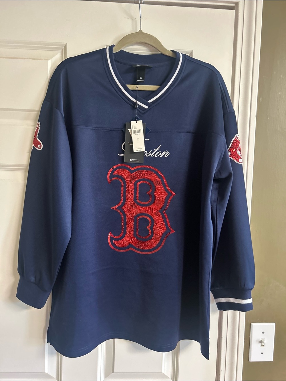 Anthropologie Navy Blue Boston Red B Sequin Sweatshirt